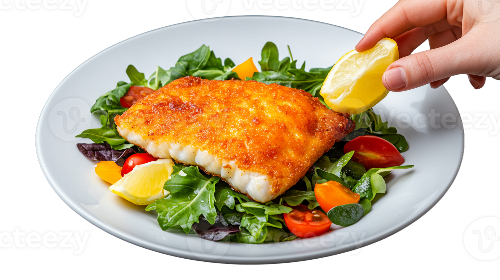 Crispy fish fillet with fresh salad and lemon, transparent background png