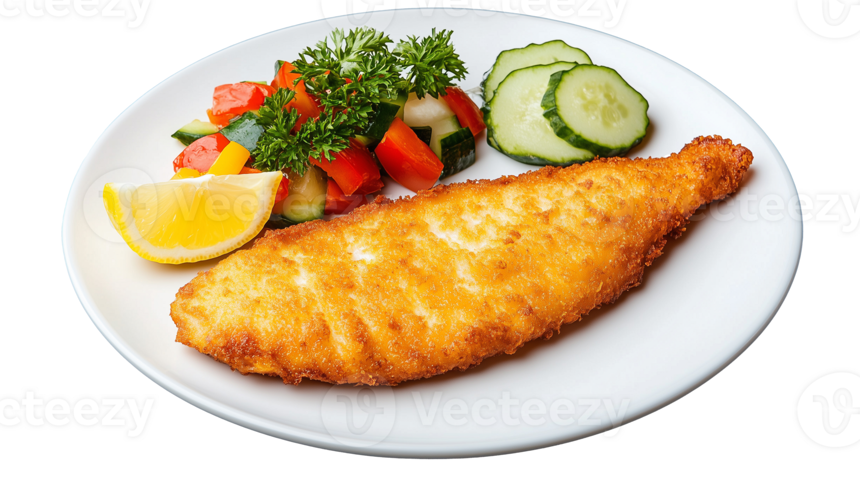 Crispy fried fish fillet with lemon and salad on transparent background png