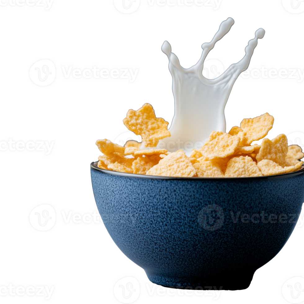 Crunchy cereal bowl with milk splash on transparent background png