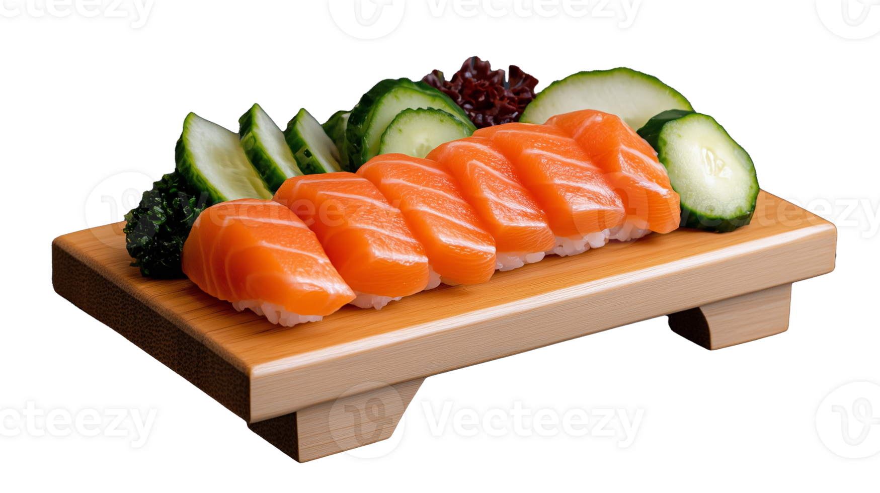 Fresh sushi platter with salmon and cucumber on a wooden board transparent background png