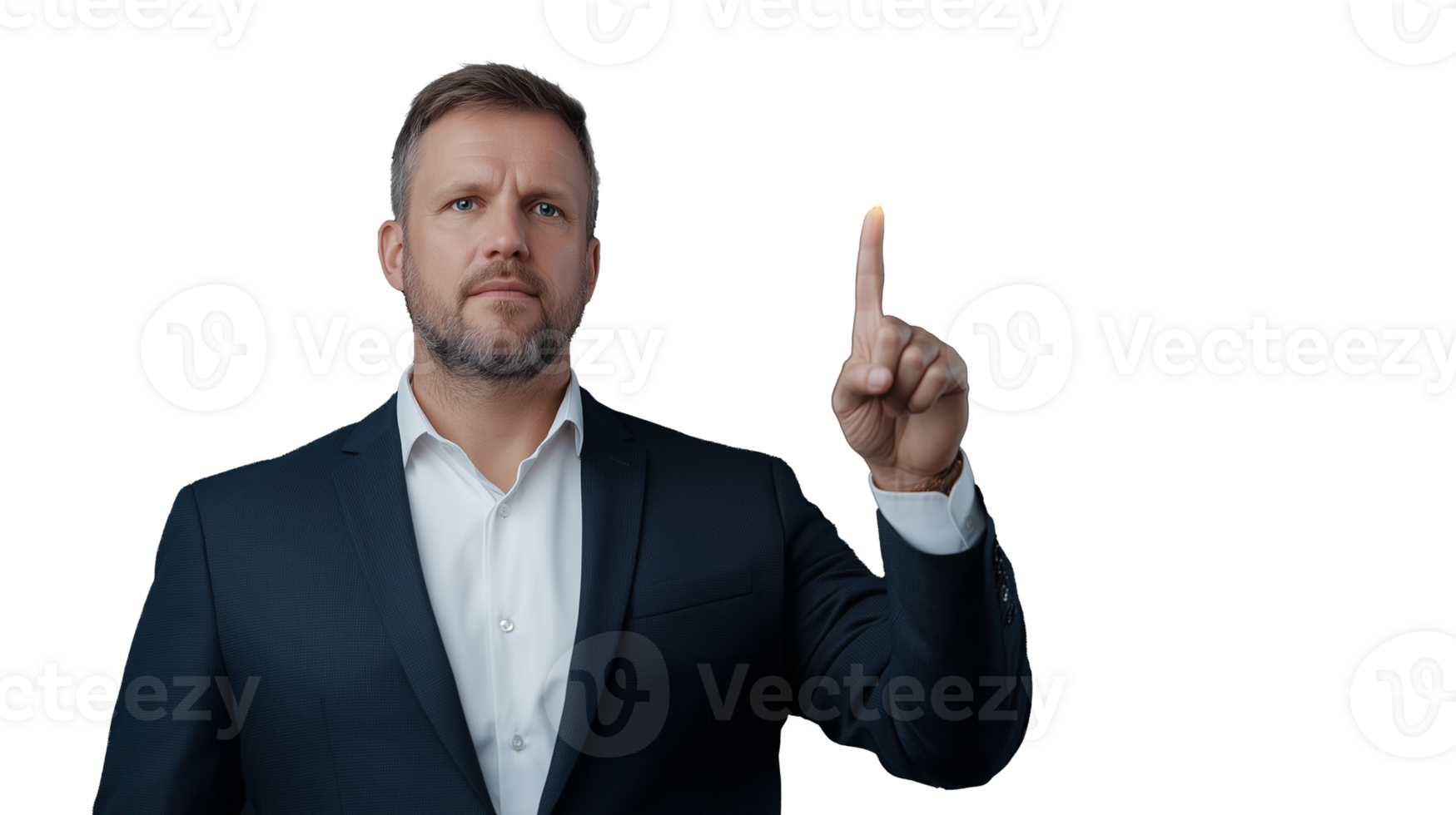 Professional man pointing upwards with transparent background for clear presentation png