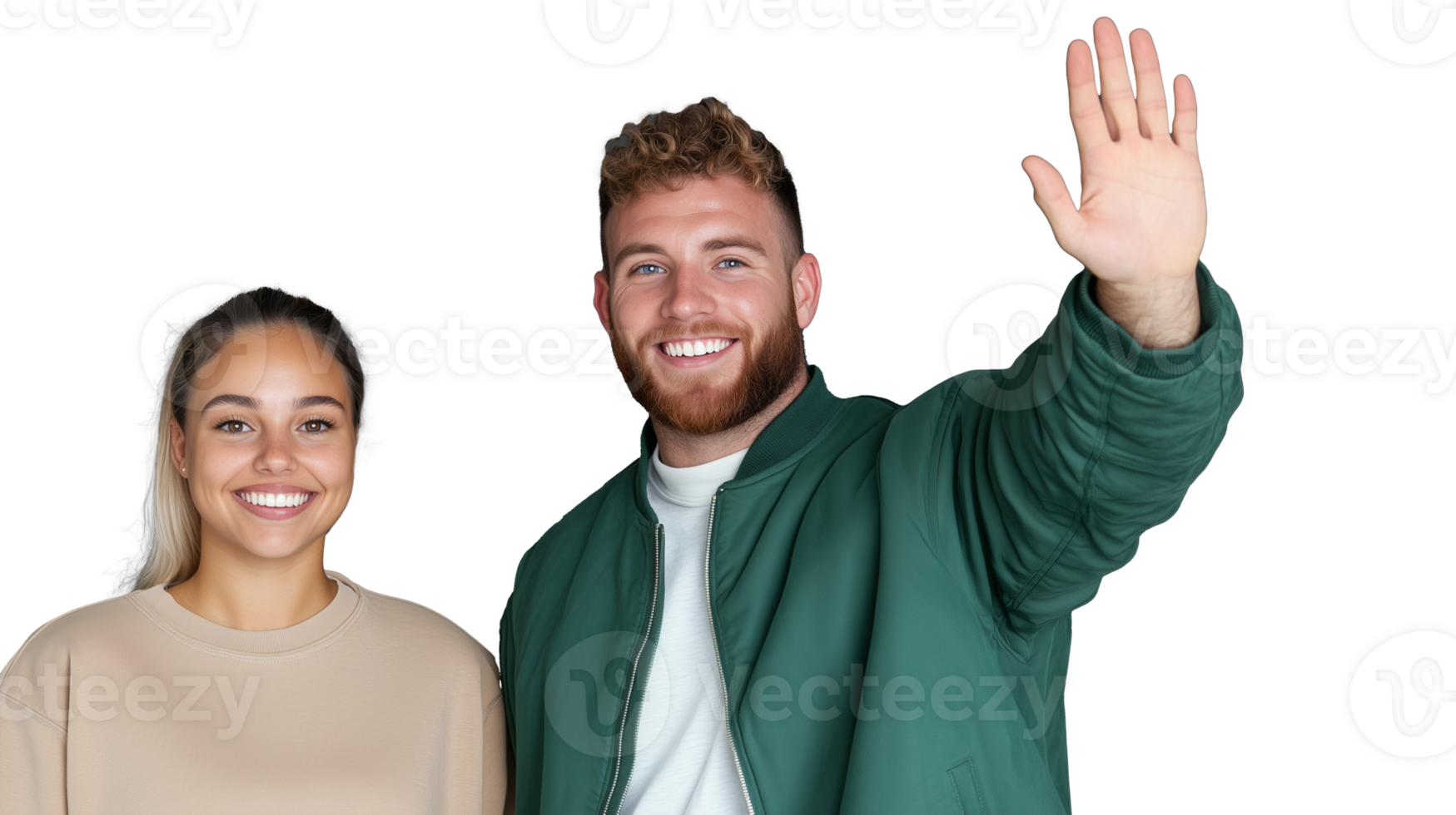 Smiling man and woman waving with transparent background for versatile use png