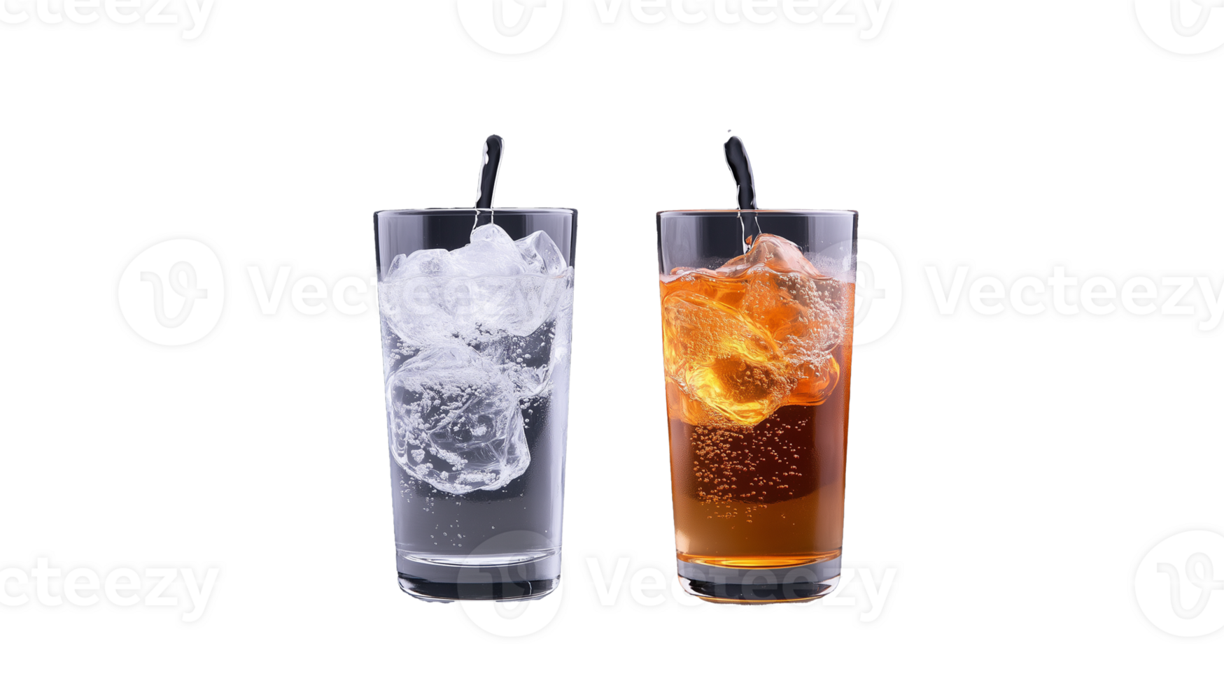 Refreshing drinks in clear glasses with ice cubes on transparent background png