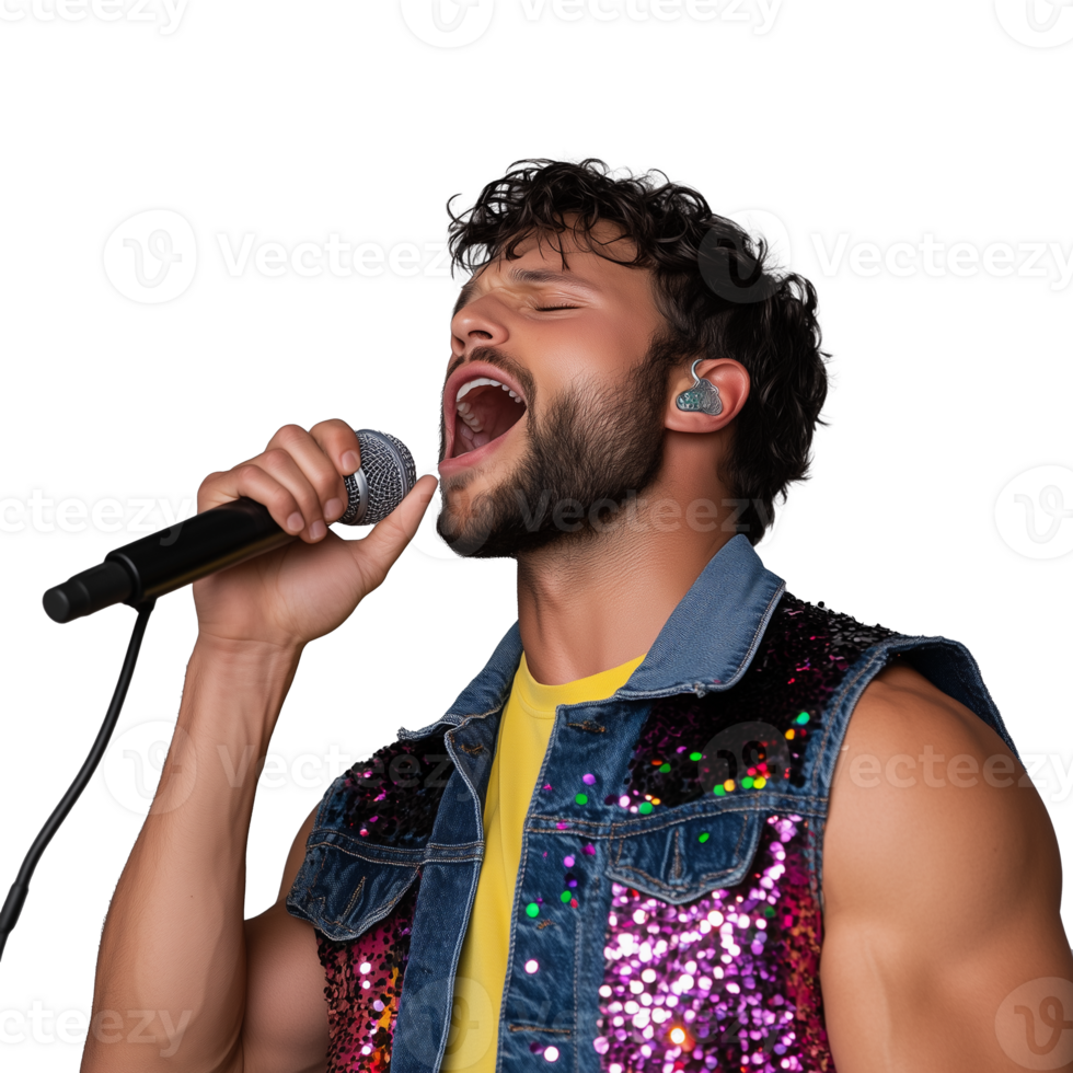 Singer performing passionately with microphone on transparent background png
