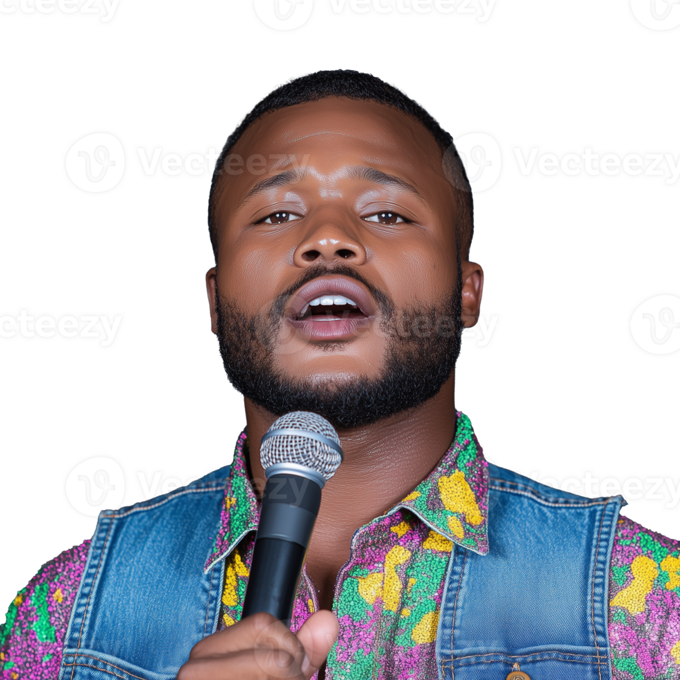Vibrant Man Holding Microphone with Transparent Background png