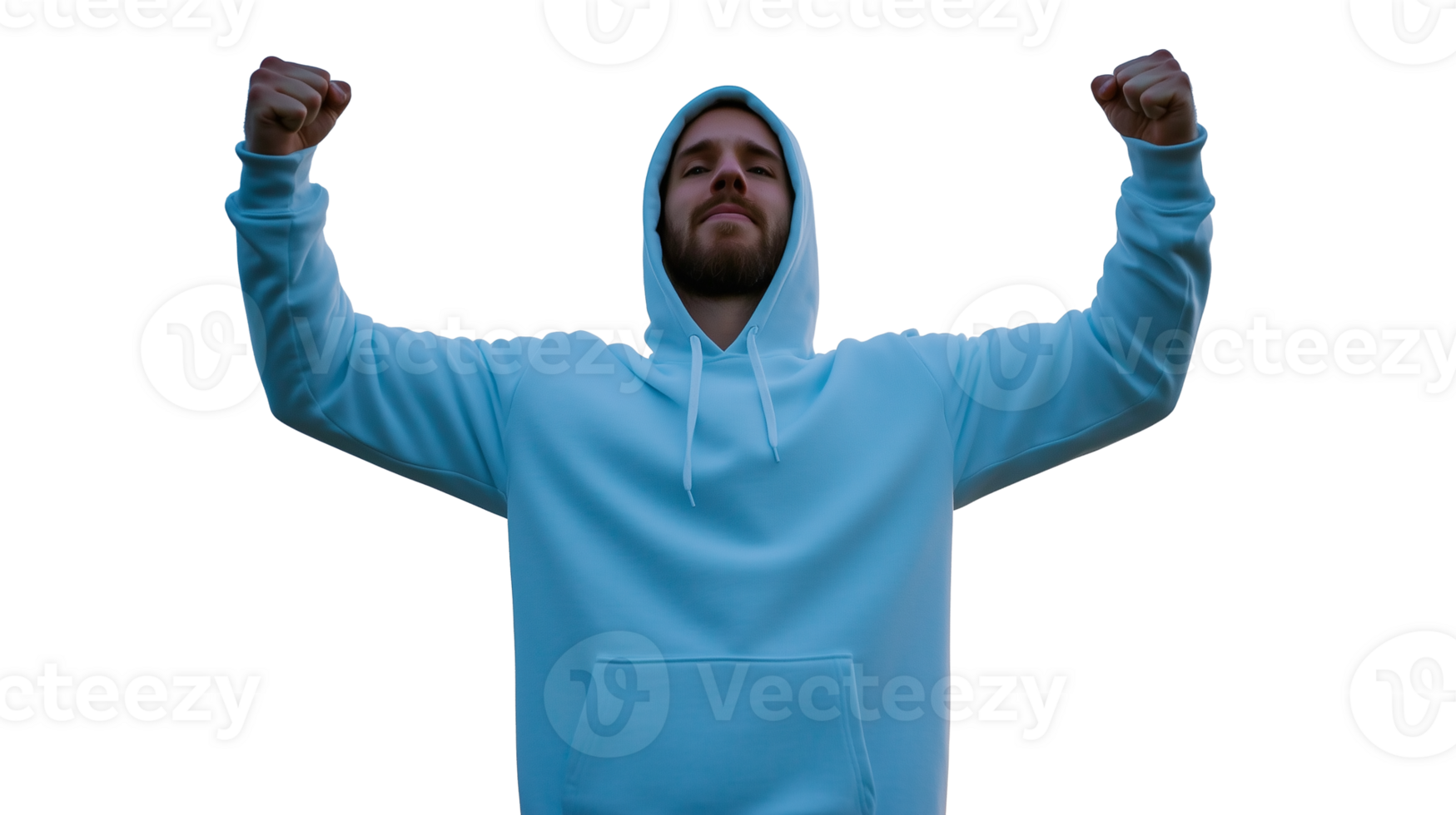 Confident man in light blue hoodie celebrating with raised fists on transparent background png