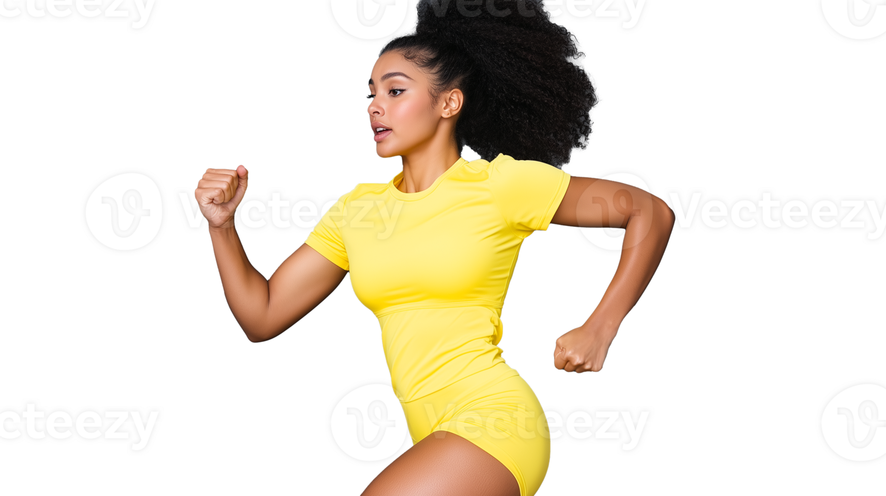 Dynamic female runner in yellow outfit on transparent background png