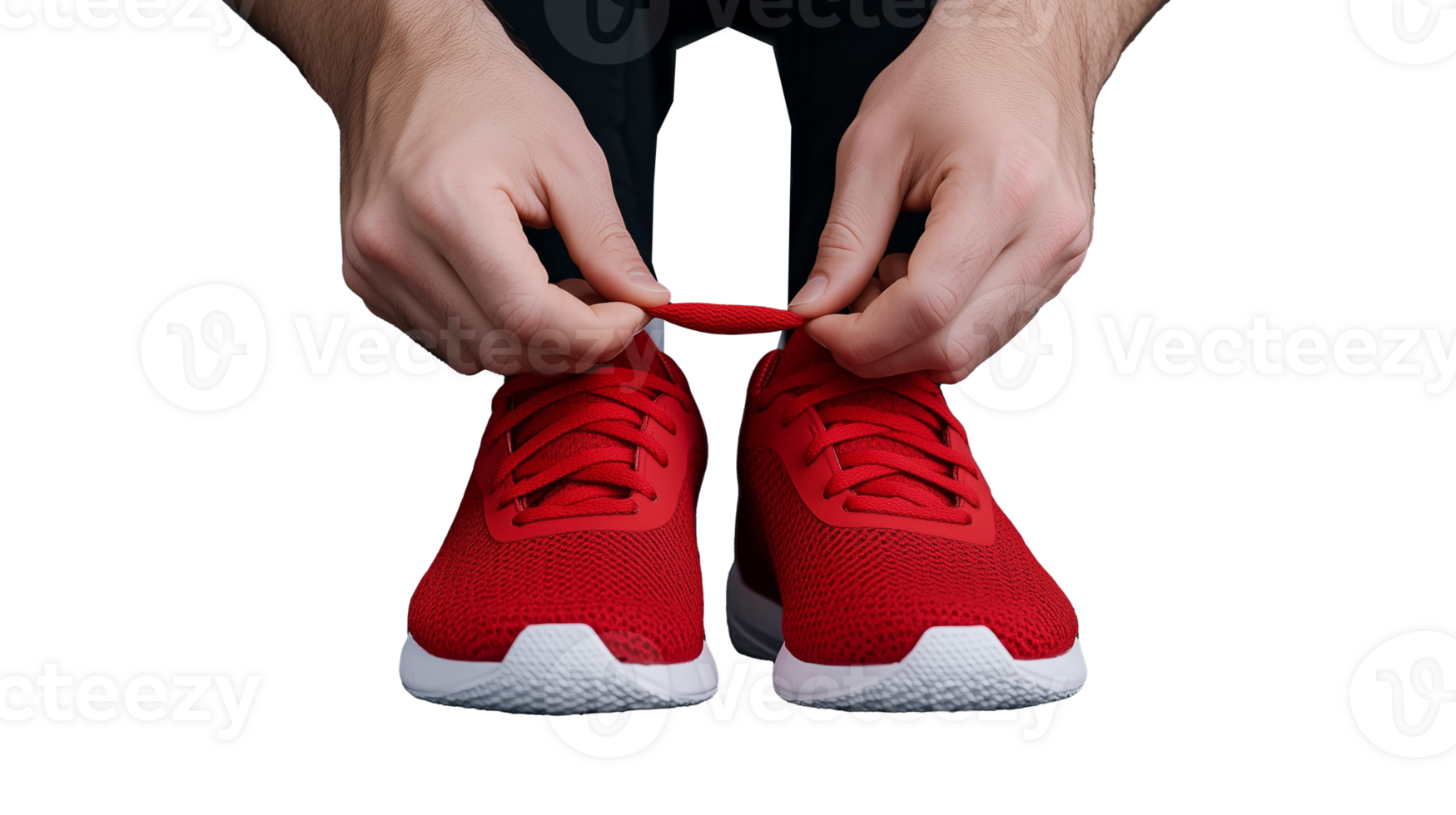 Red athletic shoes being tied with hands on transparent background png