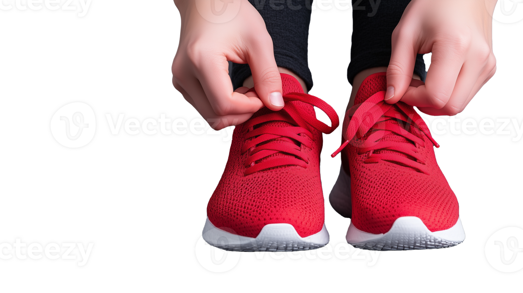 Hands Tying Laces of Red Sneakers on Transparent Background png