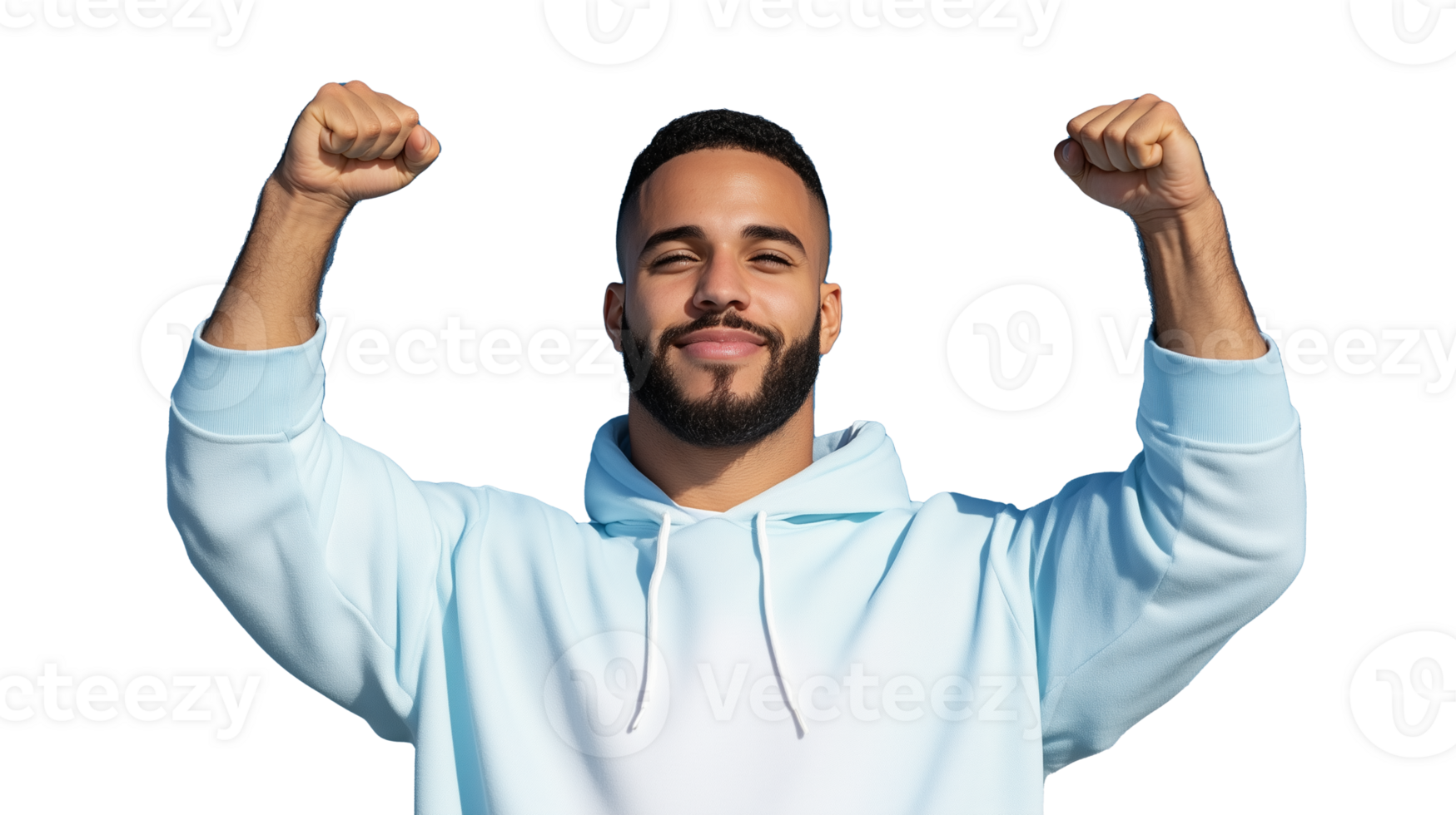 Confident young man celebrating with raised fists on transparent background png