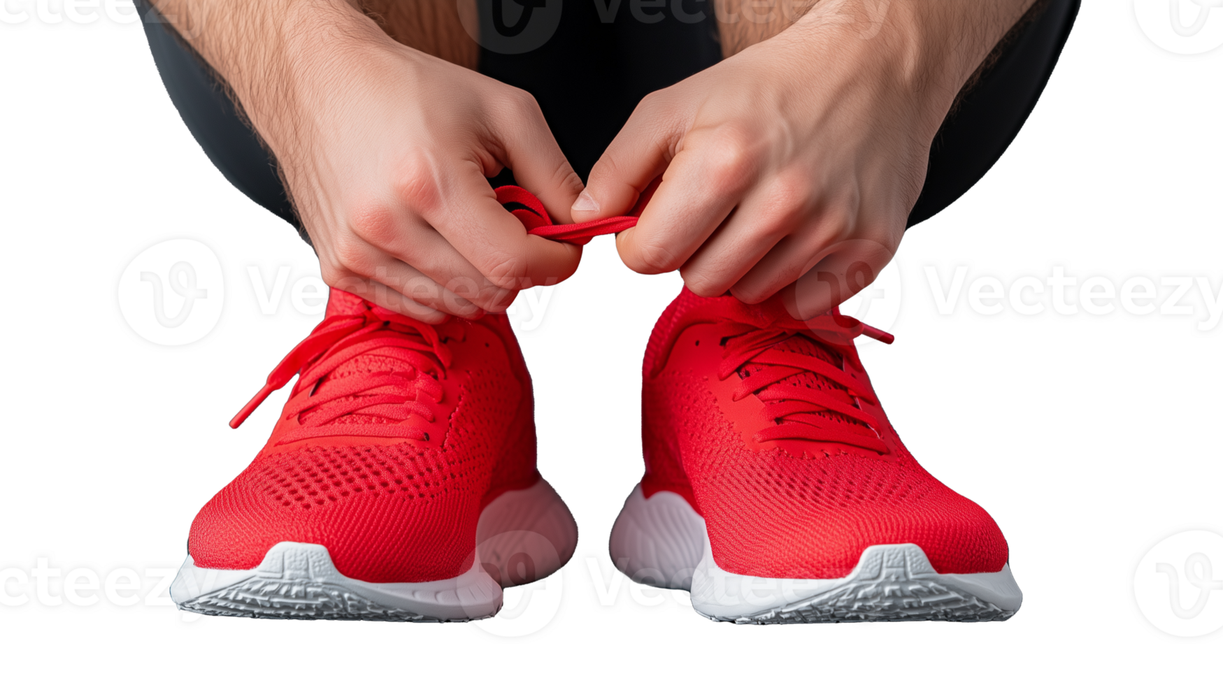 Hands Tying Red Athletic Shoes with Transparent Background png