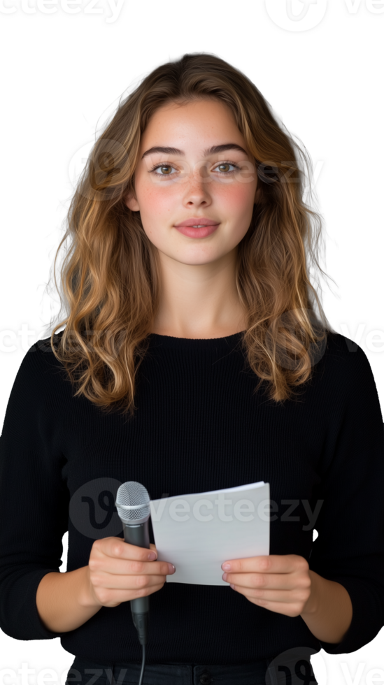 Young woman holding microphone with paper on transparent background png