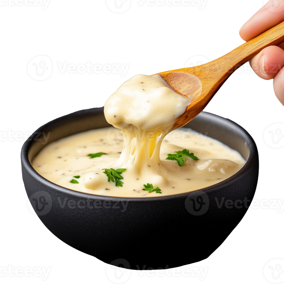 Creamy Soup in Black Bowl with Spoon on Transparent Background png