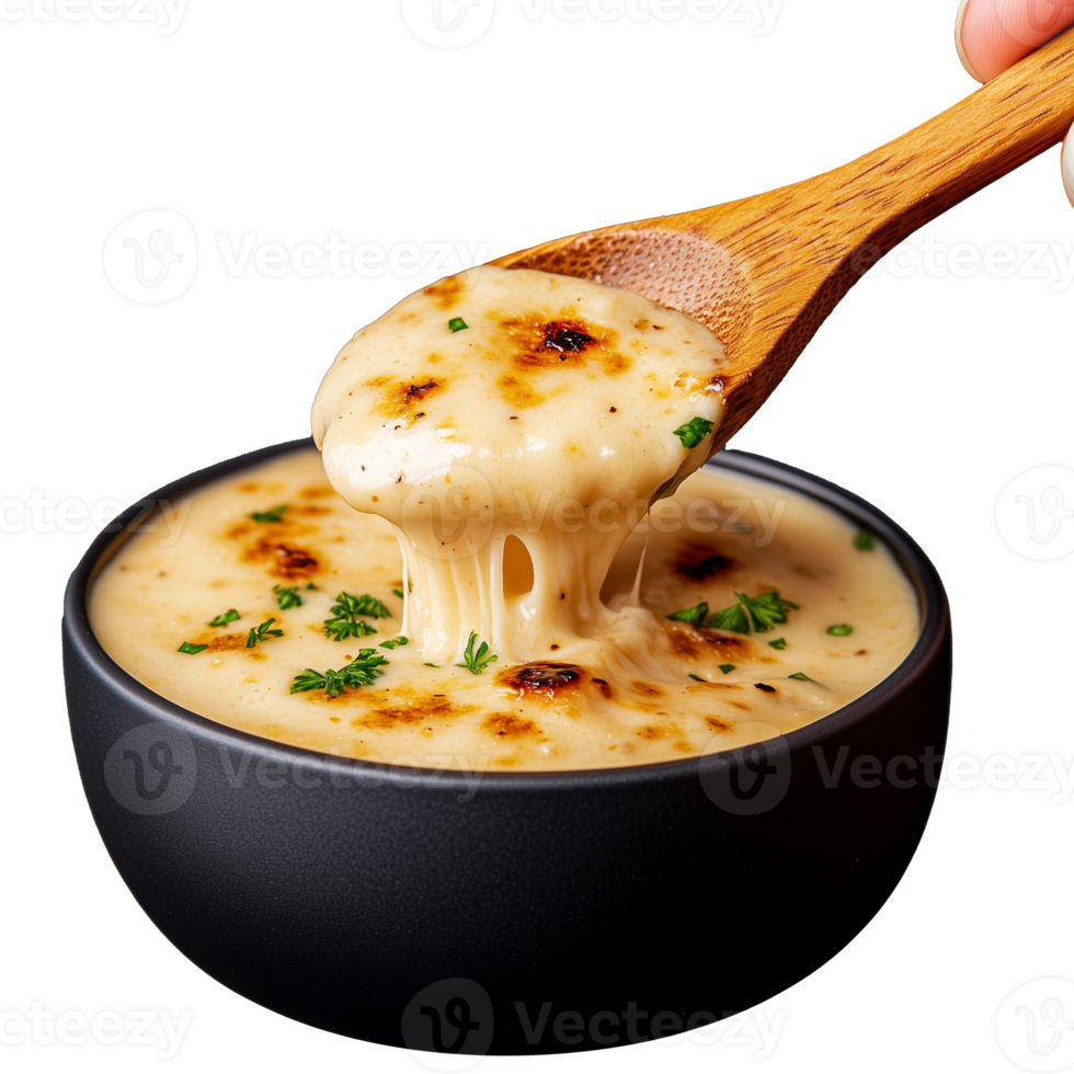 Creamy Cheese Soup in Black Bowl with Transparent Background png