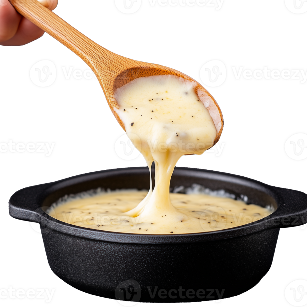 Creamy Cheese Sauce Being Scooped with Wooden Spoon on Transparent Background png