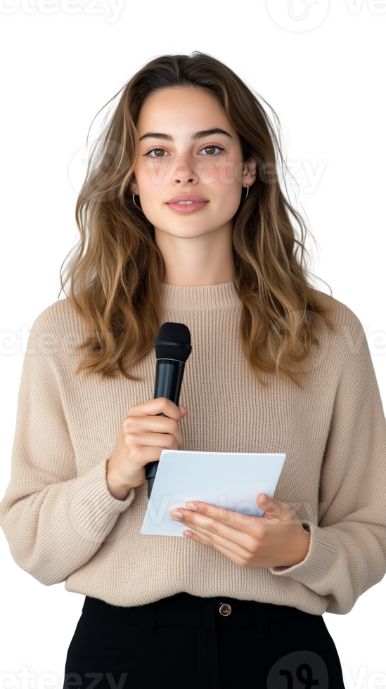 Young woman holding a microphone and notes with transparent background png