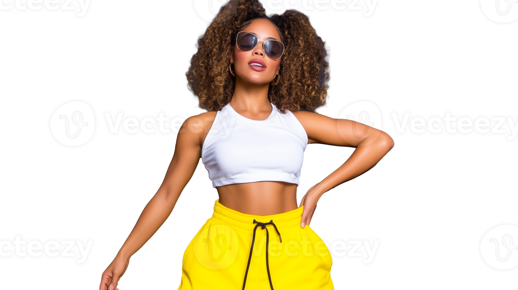 elegante mujer en blanco cosecha parte superior y amarillo pantalones con transparente antecedentes png