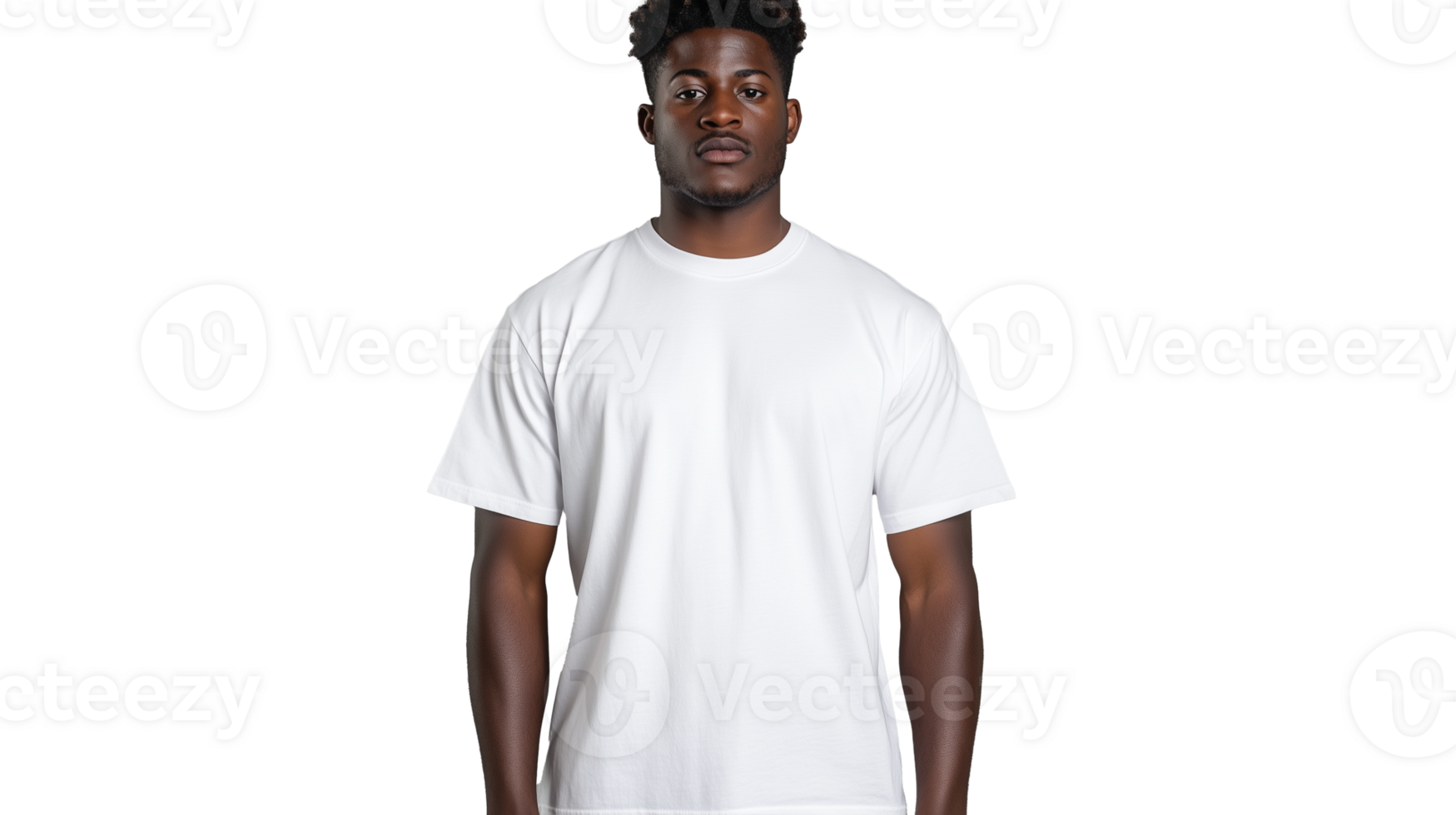 Male model wearing plain white t-shirt on transparent background png