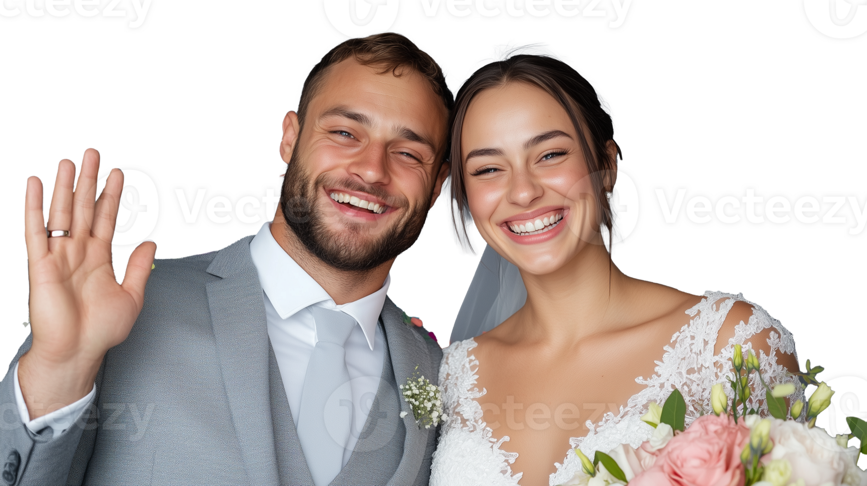 Joyful wedding couple smiling with bouquet on transparent background png