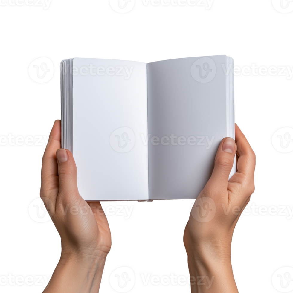 Open blank notebook held in hands on transparent background png