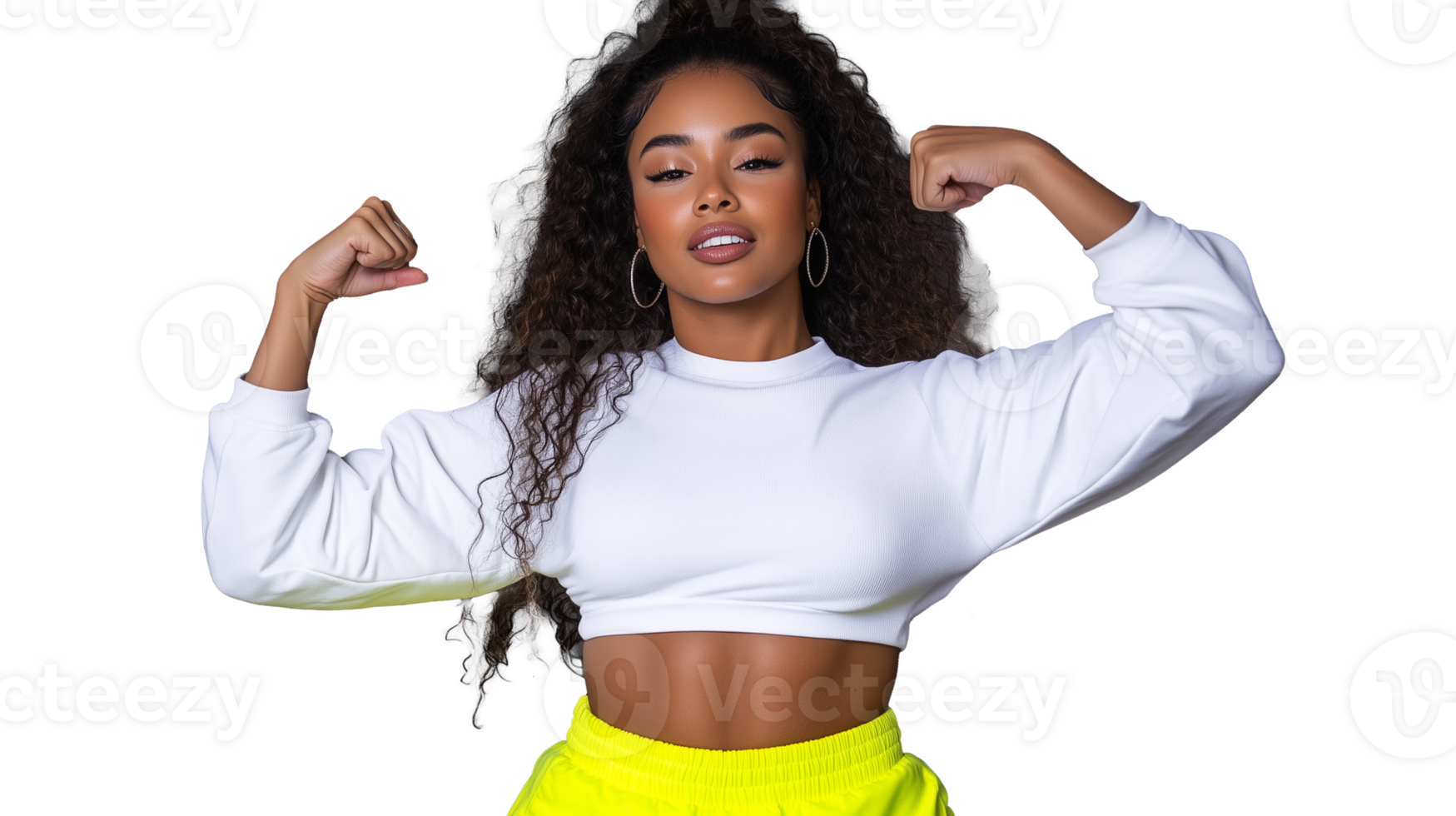 Confident young woman flexing muscles in bright outfit with transparent background png