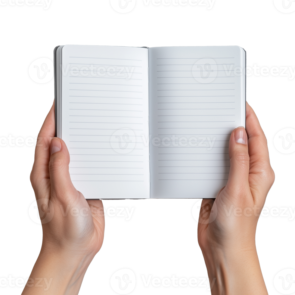 Open notebook held by hands with transparent background for creative design png