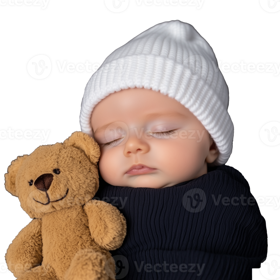 Baby sleeping peacefully with teddy bear on transparent background png