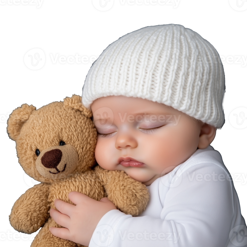 Baby peacefully sleeping with teddy bear on a transparent background png