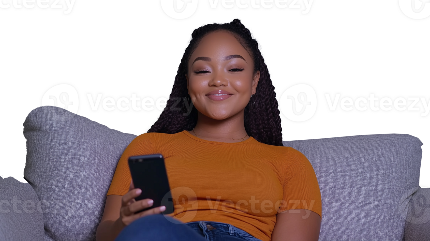 Smiling woman sitting on couch using smartphone with transparent background png