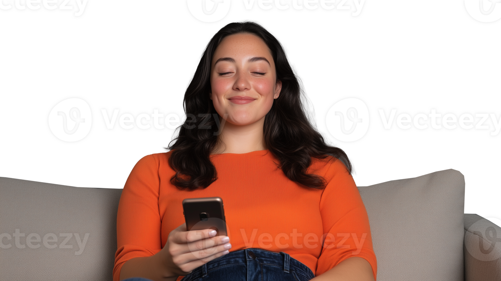 Woman in orange sweater relaxing on couch with phone, transparent background png
