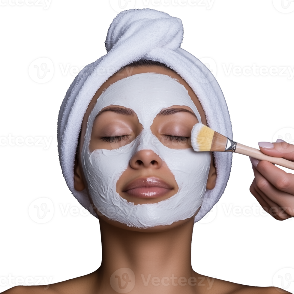 Facial mask application by a woman with a towel on her head, transparent background png
