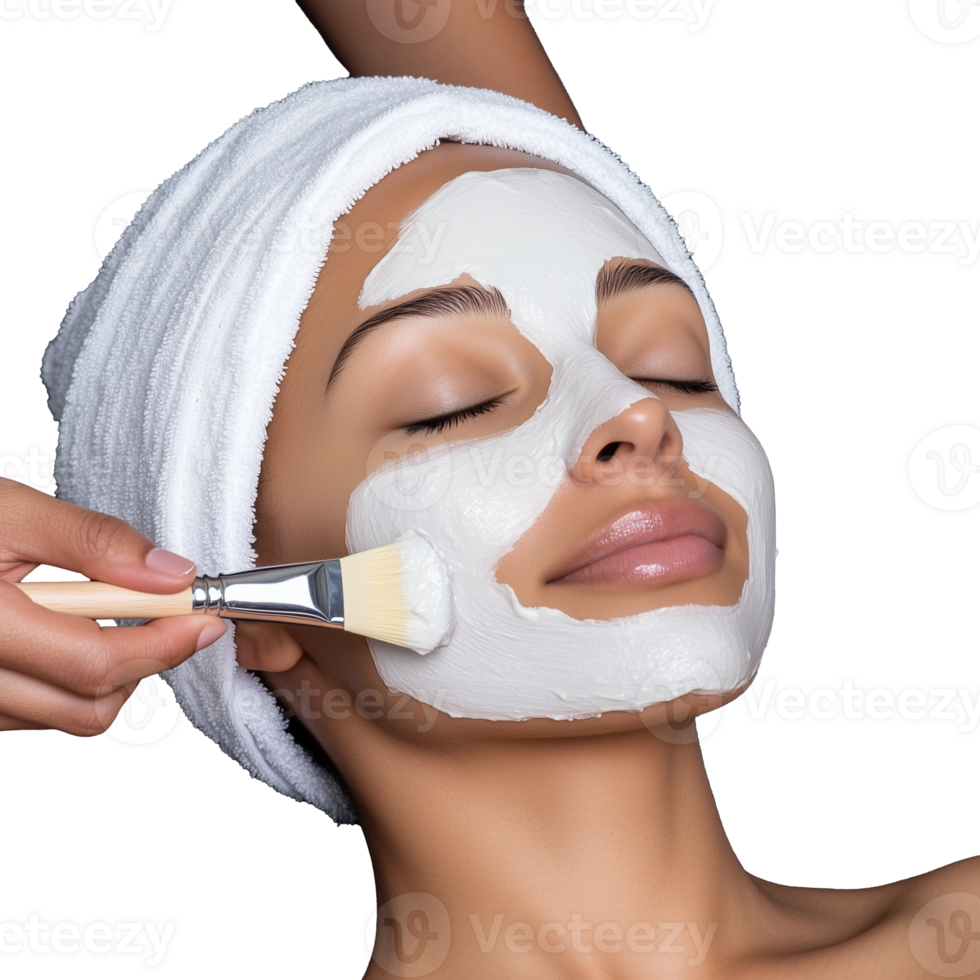 Facial treatment application with mask on serene woman, transparent background png