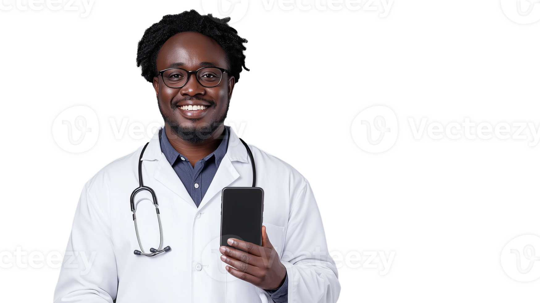 Smiling doctor holding smartphone on transparent background showcasing healthcare technology png