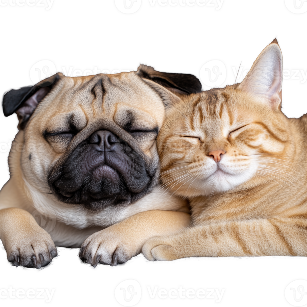 Adorable sleeping pug and cat duo on transparent background png