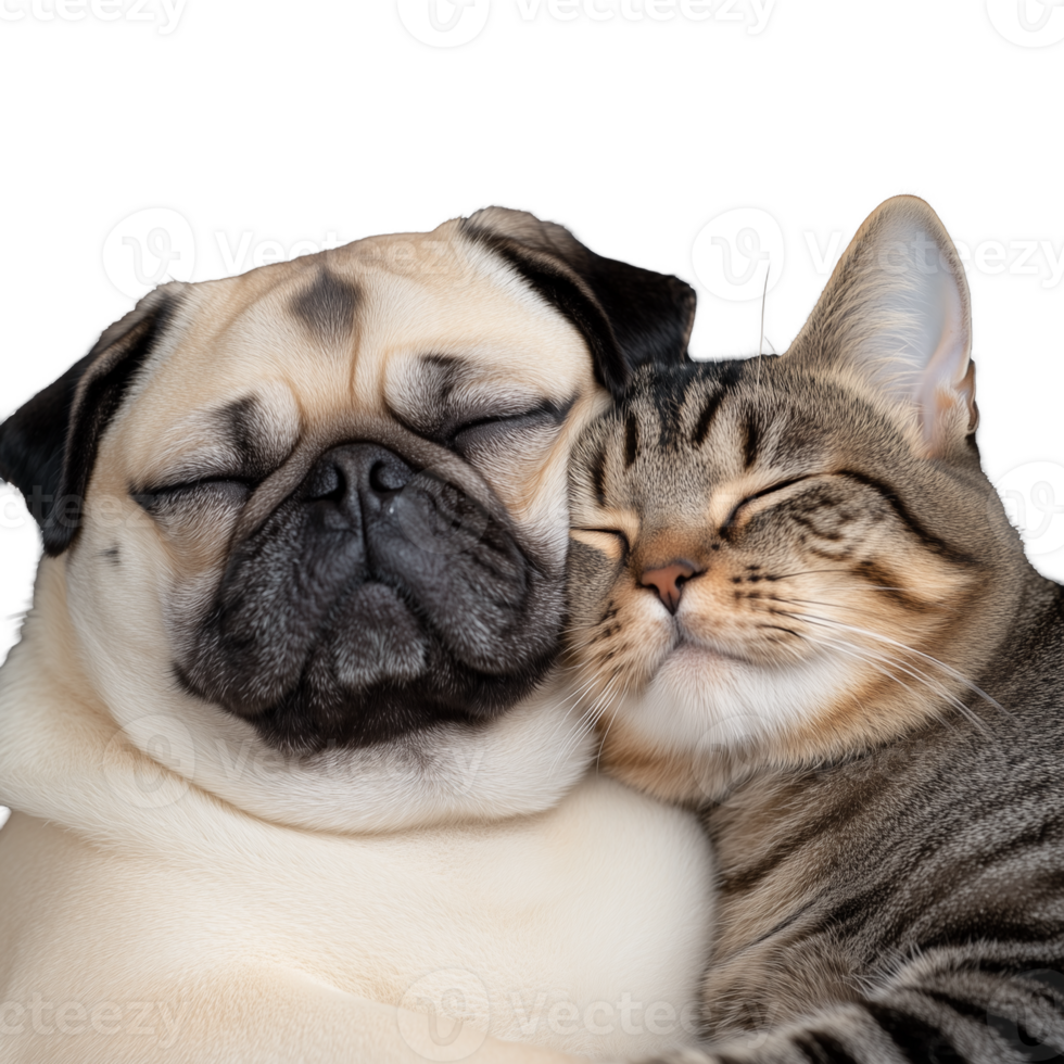 Adorable pug and cat cuddling together on a transparent background png