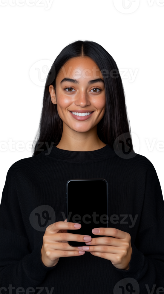 Smiling woman holding smartphone with transparent background for modern design png