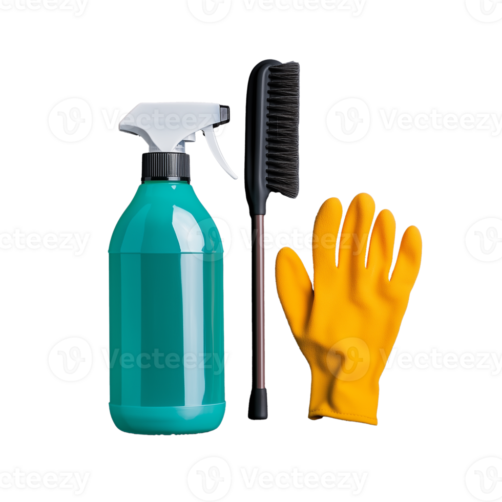 Cleaning spray bottle with brush and yellow glove on transparent background png
