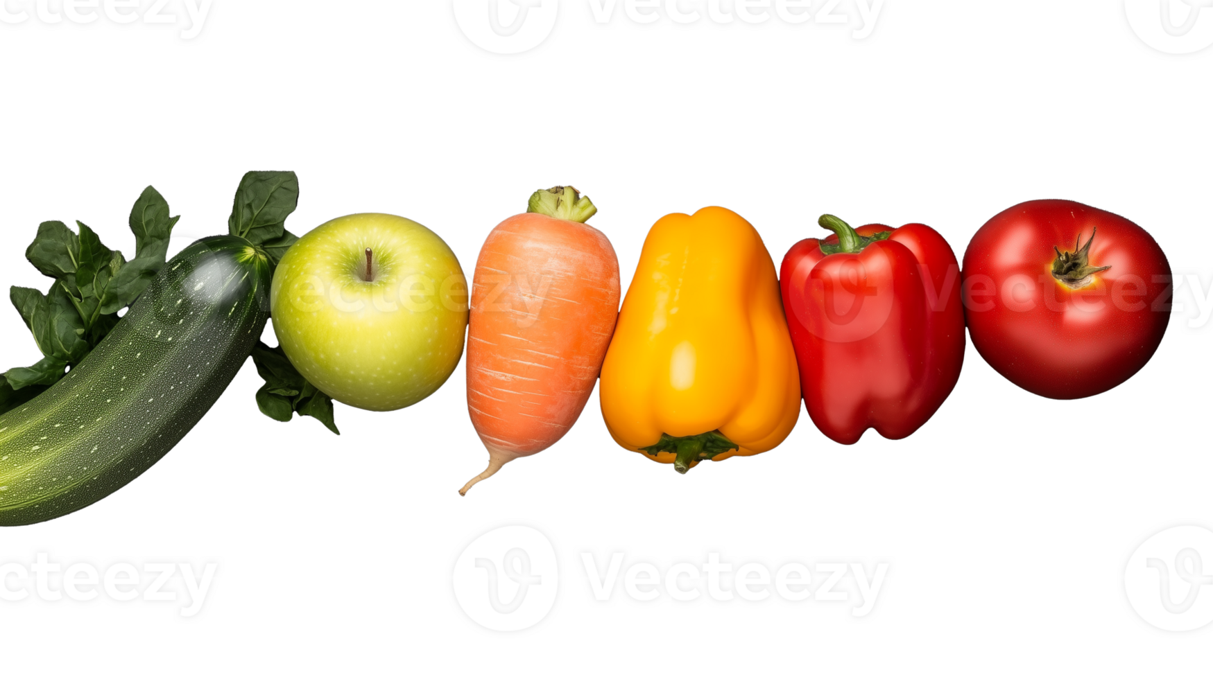 Fresh vegetables including zucchini, apple, carrot, bell pepper, and tomato on transparent background png
