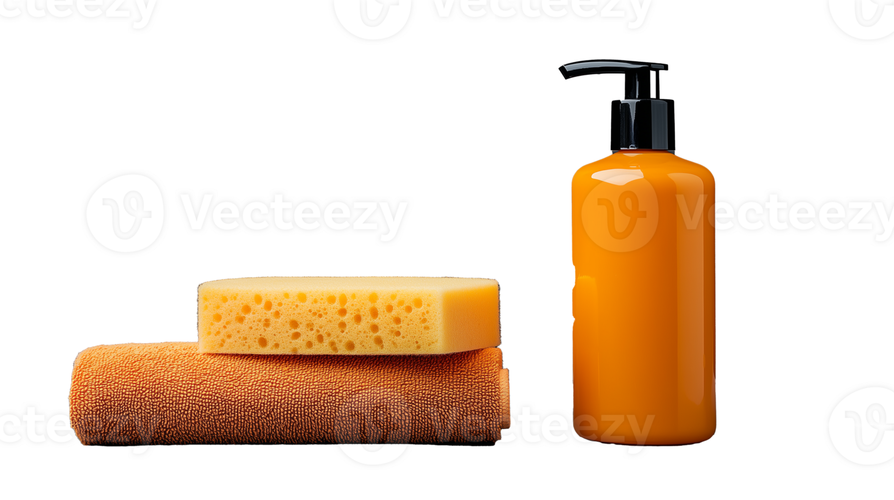 Orange spa towel, sponge, and lotion bottle on transparent background png