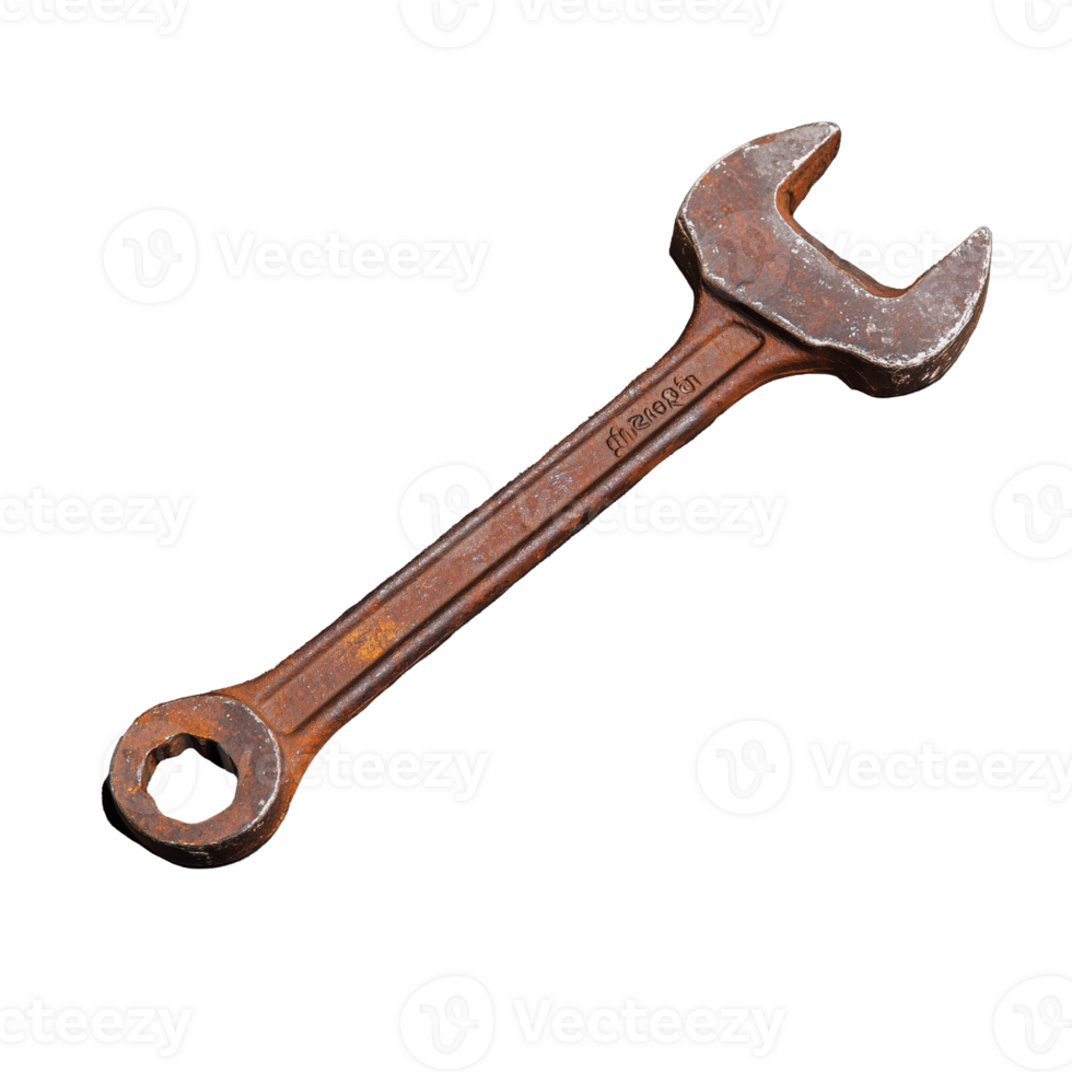 Rusty adjustable wrench on transparent background for tool illustrations png