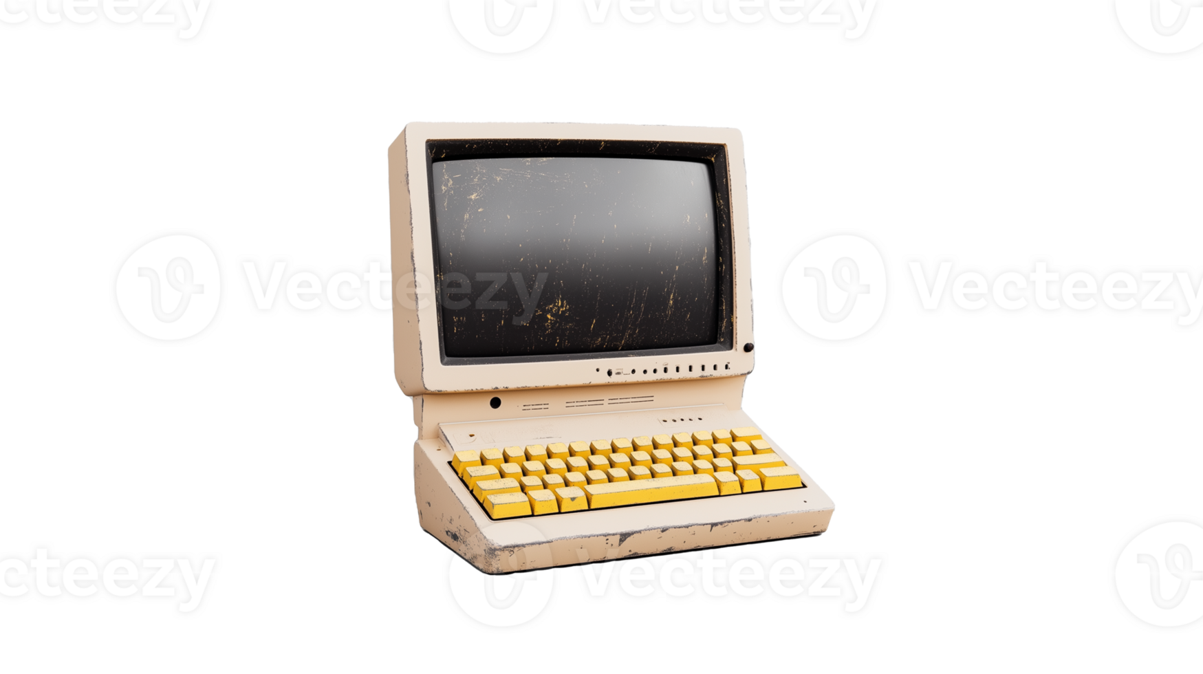 Vintage computer with yellow keyboard on transparent background png