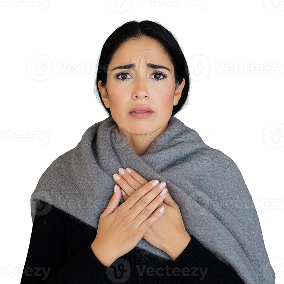 Concerned woman with a gray shawl expressing emotions on a transparent background png