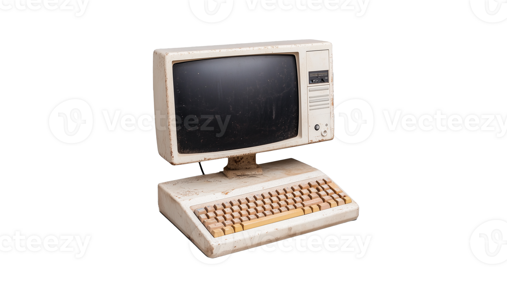Vintage desktop computer with keyboard on transparent background png