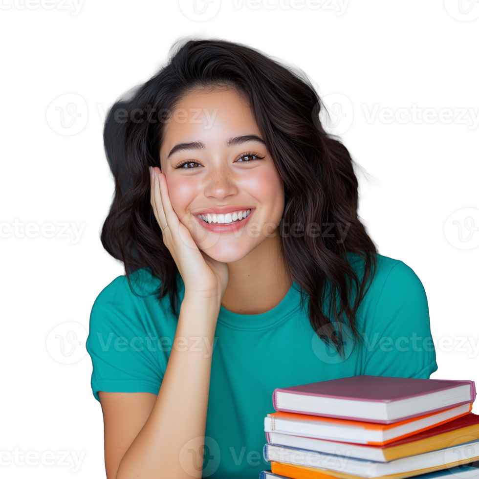 Smiling young woman resting chin on hand with books transparent background png