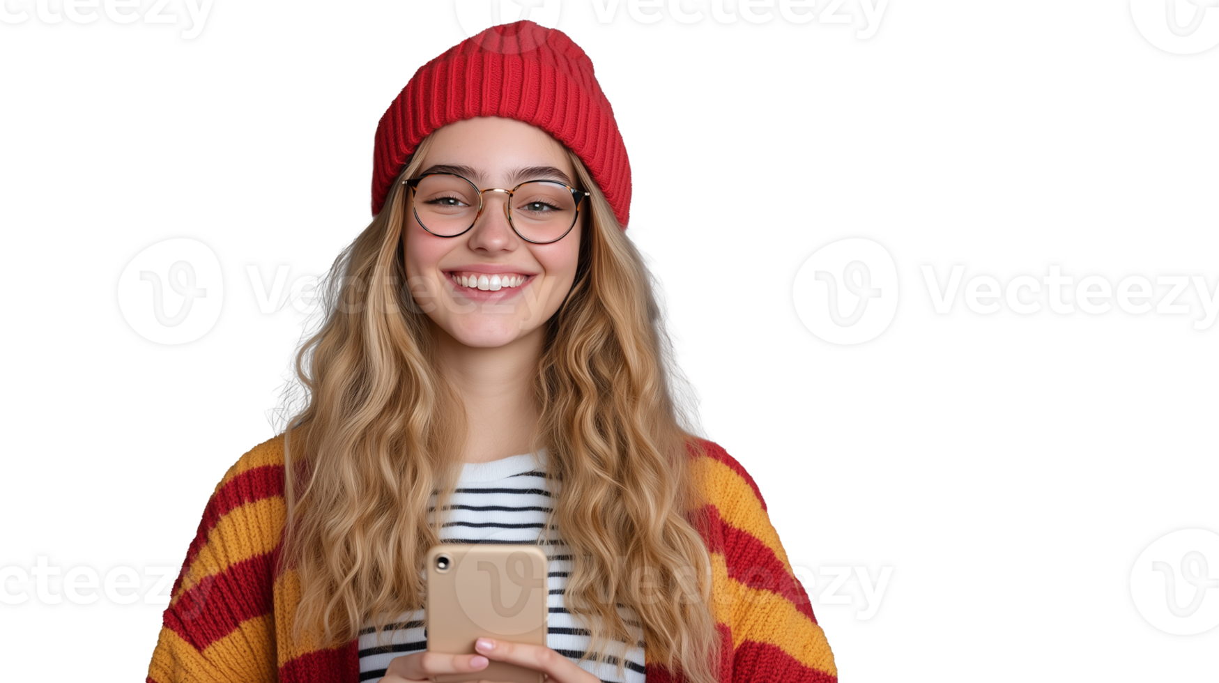 Smiling young woman holding smartphone in colorful sweater with transparent background png