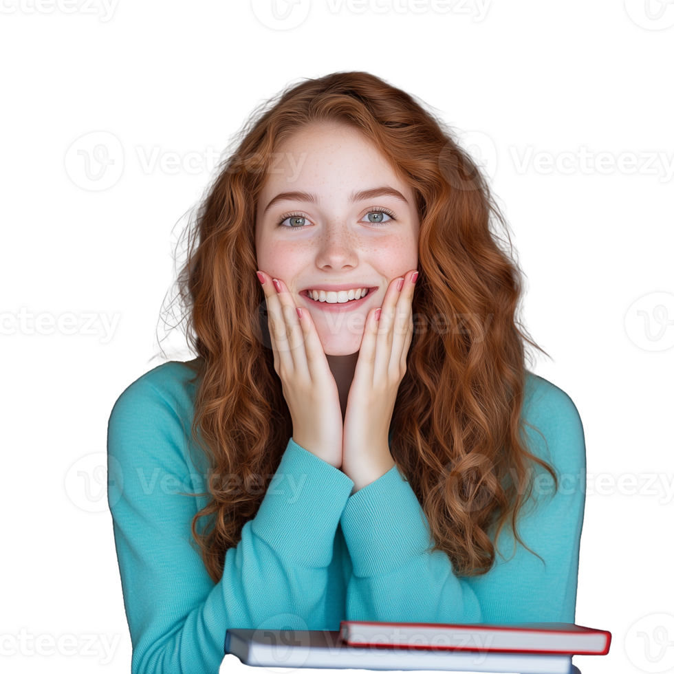 Smiling woman with hands on face and transparent background png