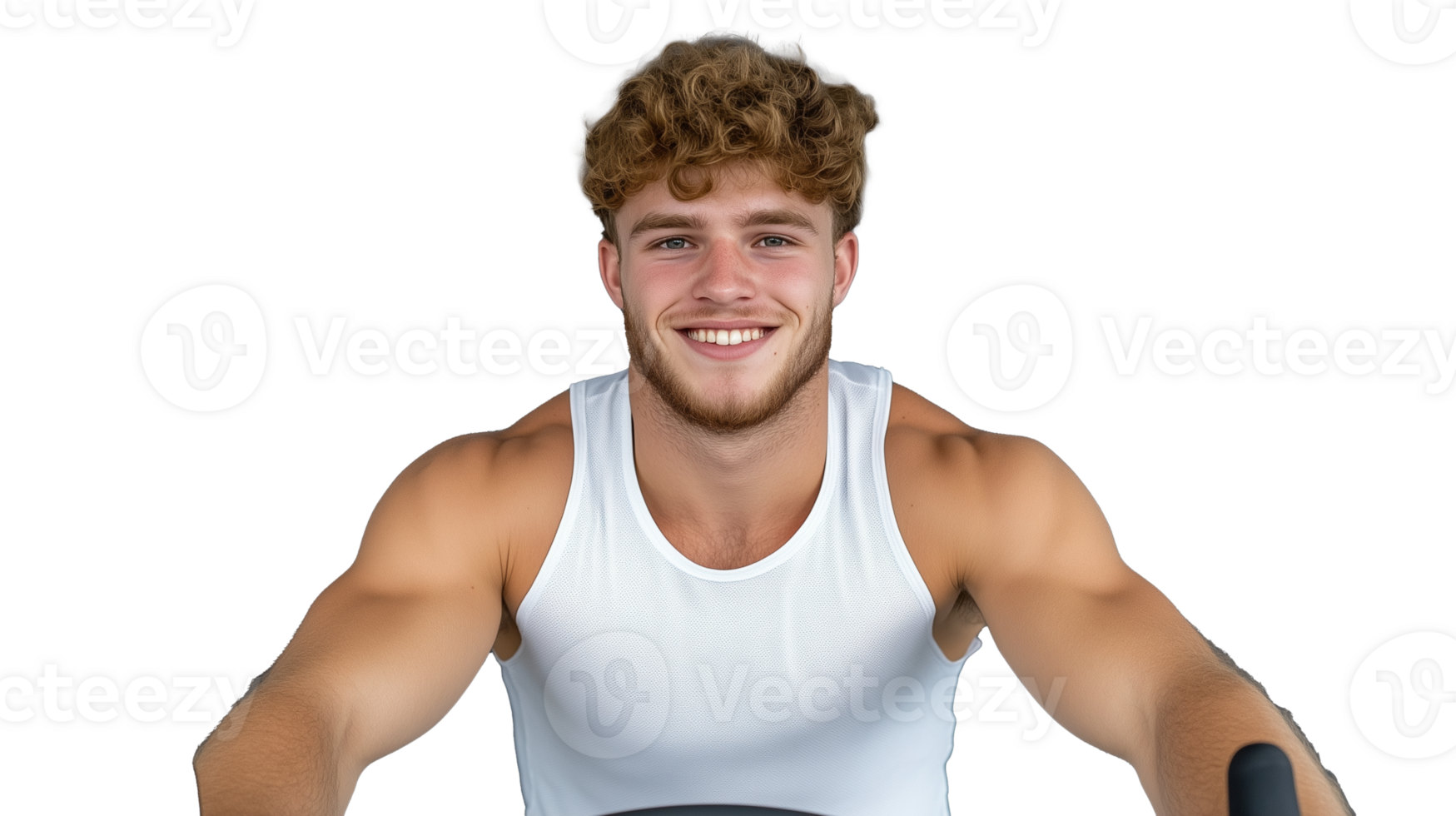 Young man smiling confidently while exercising on bike with transparent background png