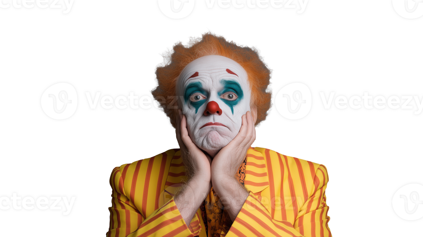 Clown with Sad Expression in Colorful Outfit on Transparent Background png