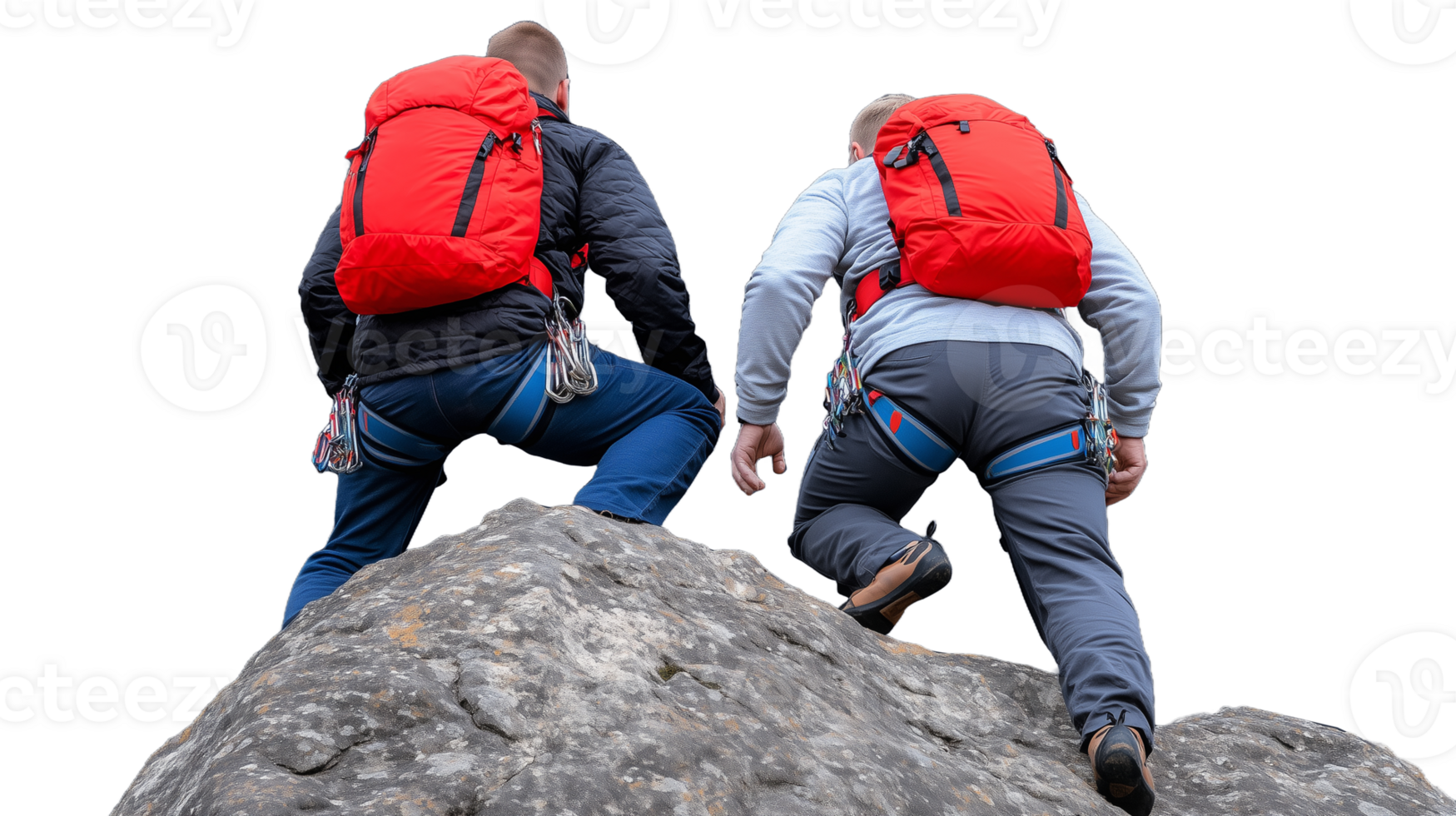 Climbers Ascending Rocky Peak with Red Backpacks on Transparent Background png