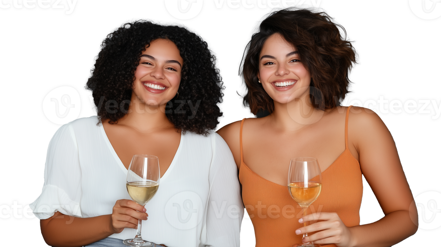 Two smiling women holding glasses in a celebration with transparent background png